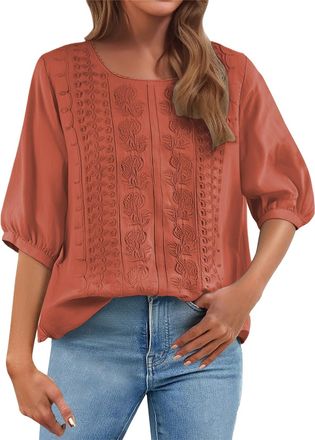 Generic Cocila Todays Deals Womens Casual 3/4 Sleeve T-Shirts Ladies Tops 2025 Summer Embroidery Crew Neck Breathable Pleated Tops Fashion Dressy Tunic Trendy