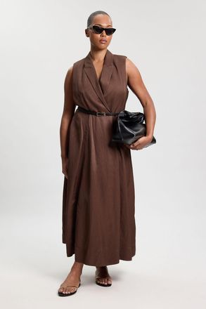 Karen Millen Womens Plus Size Premium Viscose Linen Tailored Belted Full Skirted Midi Dress - Chocolate - Size 22 UK