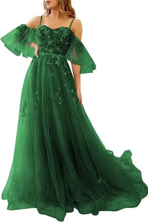 Generic Off Shoulder Tulle Prom Dresses for Teens Lace Appliques Formal Dresses A Line Spaghetti Strap Formal Evening Gowns Dark Green XS