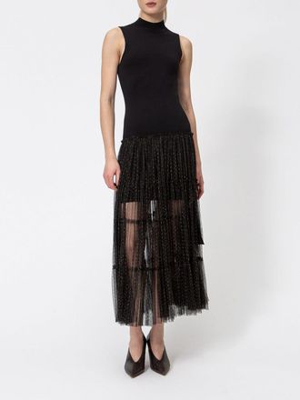 Twinset Knit and Tulle Midi Dress with High Neck and Open Shoulders