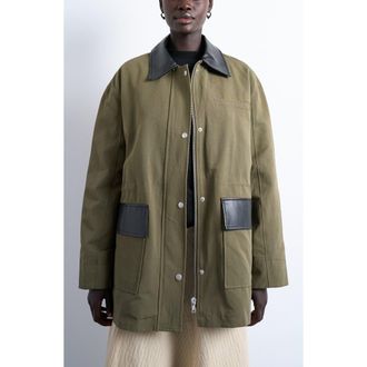 Topshop Mixed Media Shacket in Dark Green at Nordstrom Rack, Size X-Small