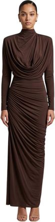 Balmain Brown Mock Collar Long Dress