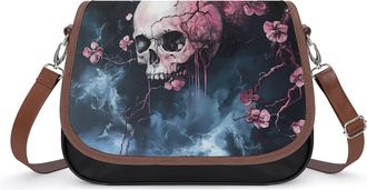 Generic Grim Blossoming Womens Leather Crossbody Bags with Adjustable Strap Casual Printed Shoulder Handbag