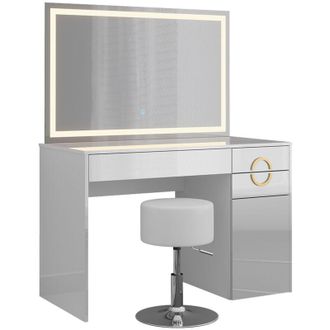 Vicco Tavolo da toeletta Adela, Bianco, 115 cm con specchio led e sgabello