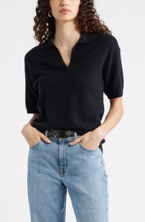 Nordstrom Cashmere Johnny Collar Short Sleeve Sweater in Black Rock at Nordstrom, Size X-Large