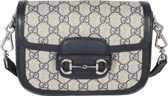 Gucci Beige, Blue GG Supreme Canvas Web Horsebit 1955 Mini Bag (Authentic Pre-Loved)