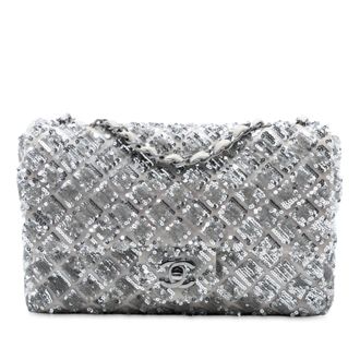 Chanel Silver Medium Classic Satin and Sequin Single Flap