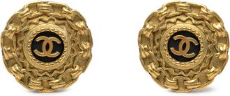 Chanel Tweedehands Cc Goud Vergulde Emaille Ronde Clip-On Oorbellen