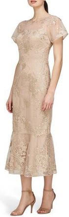 JS Collections Lia Sequin & Embroidery Trumpet Dress in Gold/Beige at Nordstrom Rack, Size 8