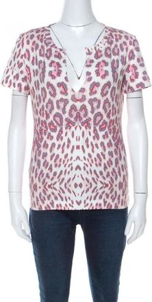 Just Cavalli Multicolor Leopard Print Slit Neck T-Shirt
