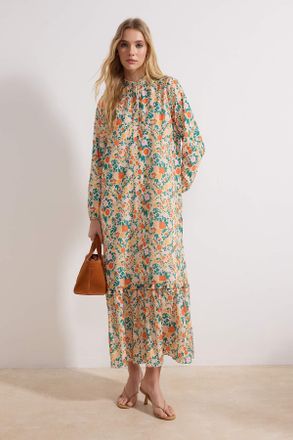 Trendyol Modest Dames Oranje Bloemen Maxi Lang Casual A-lijn Modest Jurken