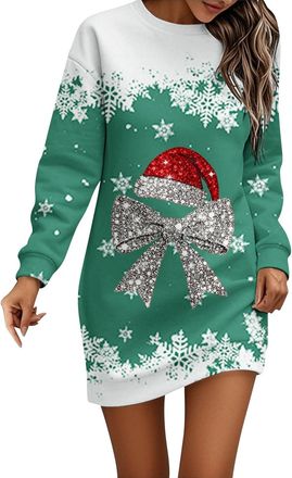 Generic Christmas Dresses for Women Ladies Christmas Dress Long Sleeve Jumper Dress for Women UK Round Neck Xmas Graphic Print Women Dresses Winter Casual Dre