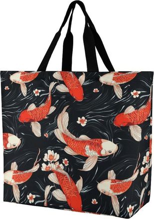 Generic Fish Japanese Florals Reusable Shopping Bags One Shoulder Grocery Tote Bag Waterproof Big Purse for Work Travel