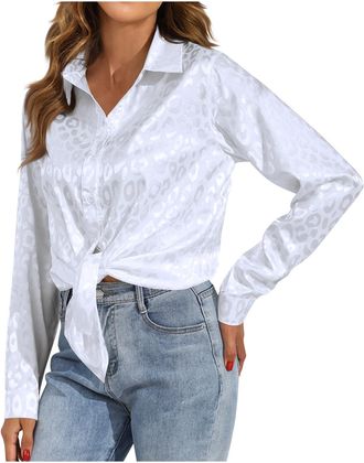 Generic Satin Shirt for Women UK Elegant Jacquard Silk Long Sleeve Button-Down Shirts with Collar Stylish Business Casual Shirt Ladies Office Work Blouse Ligh