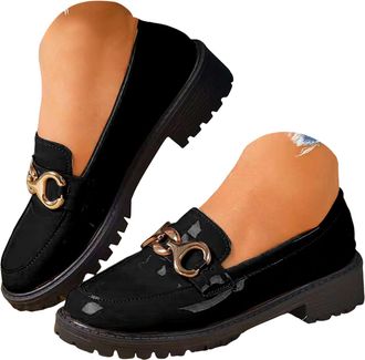 Generic Womens Chunky Platform Loafers with Buckle Leather Business Casual Work Shoes Dressy Comfortable Slip On Loafer for Women British Round Toe Low Heel S