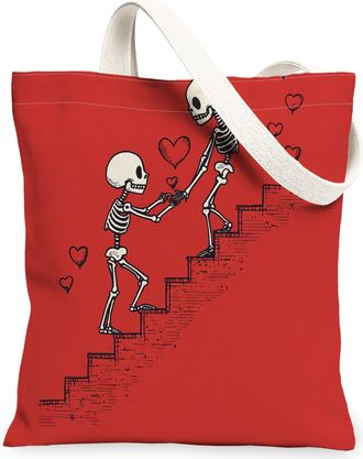 Generic Romantic Valentines Day Canvas Tote Bag for Shopping 13x15, Wedding Skeleton Skull Couple Reusable Grocery Print Bag for Women, Love Lover Beach Aesth