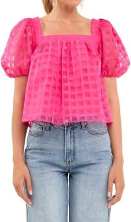 English Factory Grid Pattern Puff Sleeve Organza Top in Fuchsia at Nordstrom Rack, Size X-Small