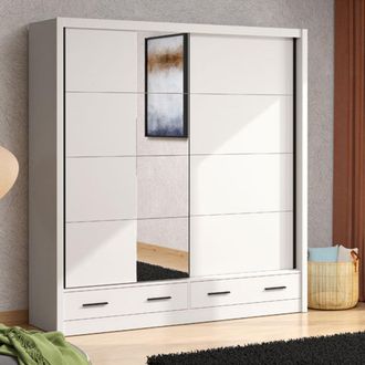Dmora Guardarropa 2 Puertas Copala, Armario Dormitorio 4 Estantes, Colgador, 2 Cajones, 205x216h Cm Blanco Crema