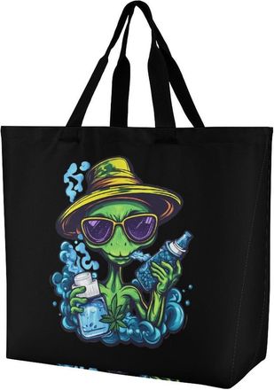 Generic Green Aliens Weed Large Reusable Shopping Bag Lightweight Foldable Tote Bags Washable Shoulder Handbag