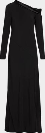 Alberta Ferretti Draped Off-The-Shoulder Long-Sleeve Slit Maxi Dress