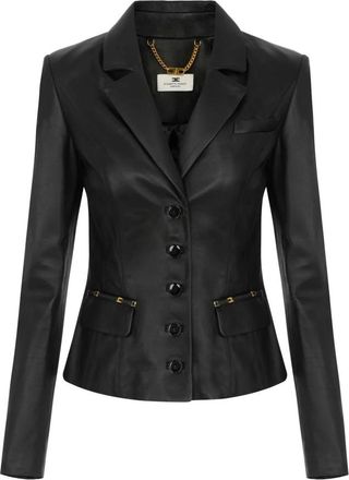Elisabetta Franchi Leren Jas met Logo Details - Dames - Leren en Su&egrave;de Jassen - Zwart - XS - Leer - Jassen