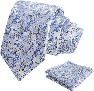 Alizeal Mens 8cm Colorful Floral Necktie and Pocket Square Classic Wedding Tie and Hanky Set, Silver+Royal Blue