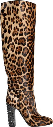 Dolce & Gabbana Beige Black Leopard Knee High Boots Womens Shoes