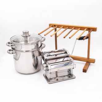 KitchenCraft 3pc Pasta Making Set with Deluxe Double Cutter Pasta Machine, Pasta Drying Stand and Pasta Pot with Steamer Insert