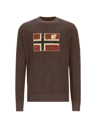 Napapijri Dark Brown Waffle Knit Sweater With Logo Patches