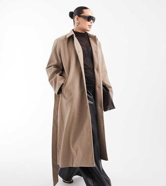 Pieces Pieces Curve cappotto lungo elegante effetto lana con cintura in vita beige m&eacute;lange-Neutro