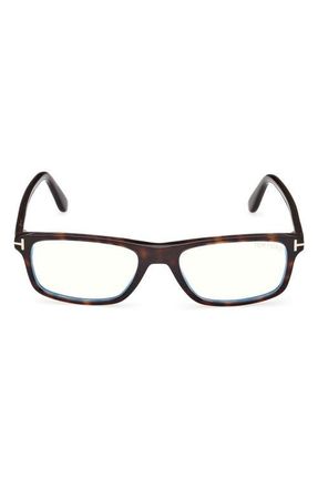 Tom Ford 53mm Rectangular Blue Light Blocking Glasses in Classic Dark Havana /T Logo at Nordstrom