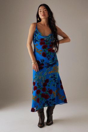 Warehouse Womens Petite Premium Burnout Cowl Neck Strappy Midi Slip Dress - Blue - Size 10 UK
