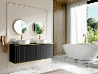 Vente-Unique Mobile per bagno sospeso con scanalature con profilo Dorato doppio lavabo appoggio tondo 4 cassetti 150 cm Nero - KELIZA
