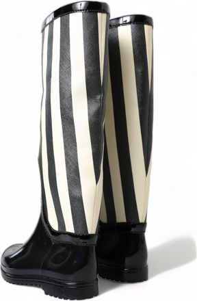 Dolce & Gabbana Womens Black Rubber Knee High Flat Boots Shoes And White