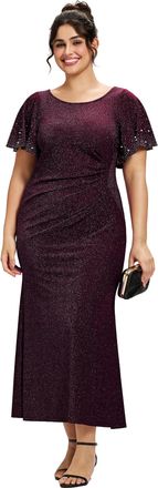Ever-pretty Plus Size Glitter Evening Dress Round Neck Short Sleeves Maxi Length Dark Purple 22