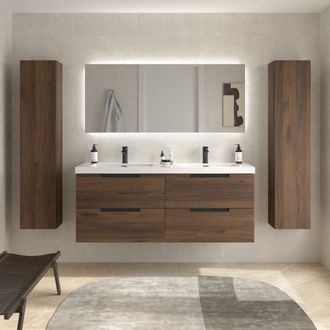 Cygnus Bath Mueble De Ba&ntilde;o Leni 140cm Nogal 4 Cajones Lavabo Toscana 2 Pozas Carga Mineral