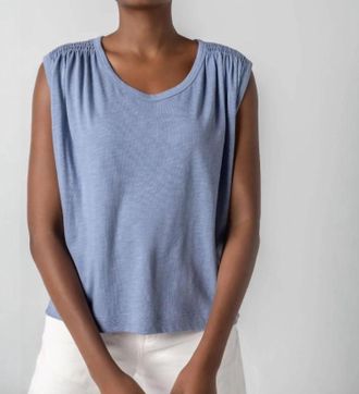 Lilla P Shirred Shoulder Scoop Neck Tee In Indigo