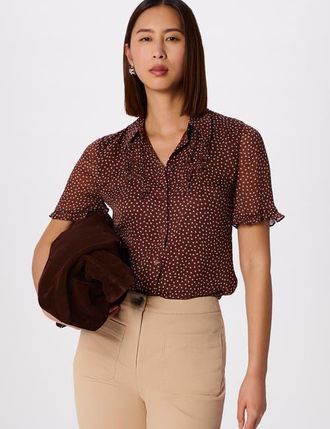 Whistles Polka Dot Sheer Sleeve Shirt in Brwn/multi at Nordstrom, Size 12Short