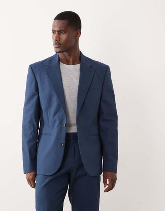 Asos giacca da abito slim effetto lino in navy in 100% cotone-blu navy