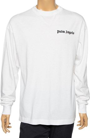 Palm Angels White Cotton Logo Printed Detail Long Sleeve Crewneck T-Shirt
