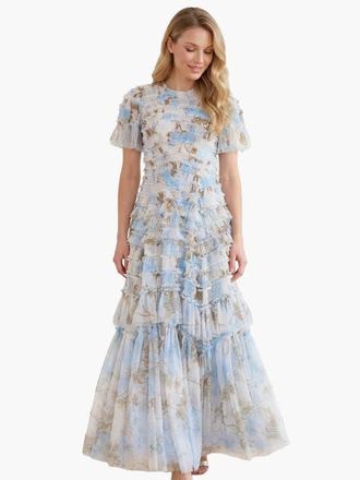 Needle & Thread Wisteria Valentine Ruffle Gown in Optic White/blue at Nordstrom, Size 12