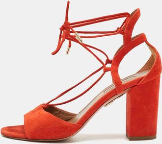 Aquazzura Orange Suede Ankle Strap Block Heel Sandals