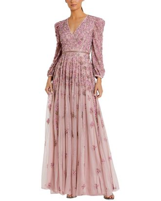 Mac Duggal Beaded Mesh V Neck Puff 3/4 Sleeve A-Line Gown