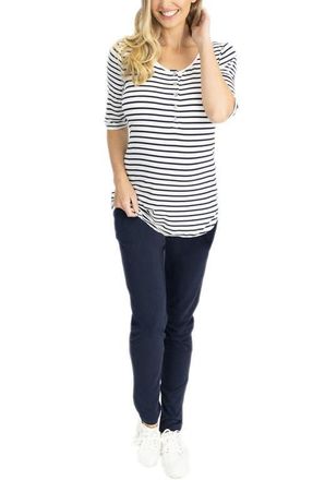 Angel Maternity Maternity/Nursing Henley & Lounge Pants Set in Navy White Stripe at Nordstrom, Size X-Small