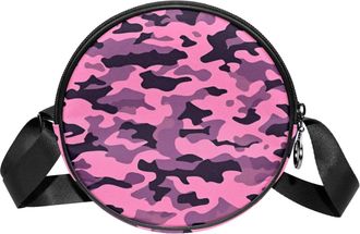 Generic Circle Crossbody Bag for Women, Pink Camouflage Small Sling Bag Daypack with Zipper Adjustable Shoulder Straps Casual Ladies Girls Round Purse