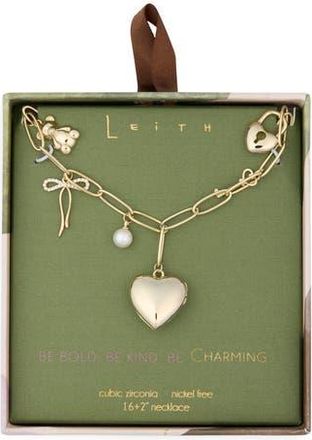 Leith Heart & Bow Charm Necklace in Clear- White- Gold at Nordstrom Rack