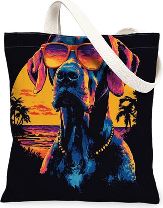 Generic Summer Great Dane Dog Canvas Tote Bag for Shopping 13x15, Cool Beach Coastal Puppy Reusable Grocery Print Pattern Bag for Women, Retro Pet Beach Aesth