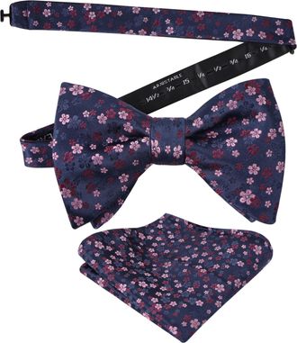 Alizeal Mens Floral Patterned Pre-tied Bow Tie and Hanky for Formal Wedding Business Party Natural Bow Tie Set, Navy+Maroon+Pink