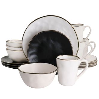 Elama Modern 16 Piece Stoneware Dinnerware Set in Matte Black with Gold Rim