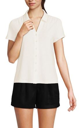 Lands End Linen Blend Short Sleeve Button Front Polo Top in Ivory at Nordstrom, Size X-Large